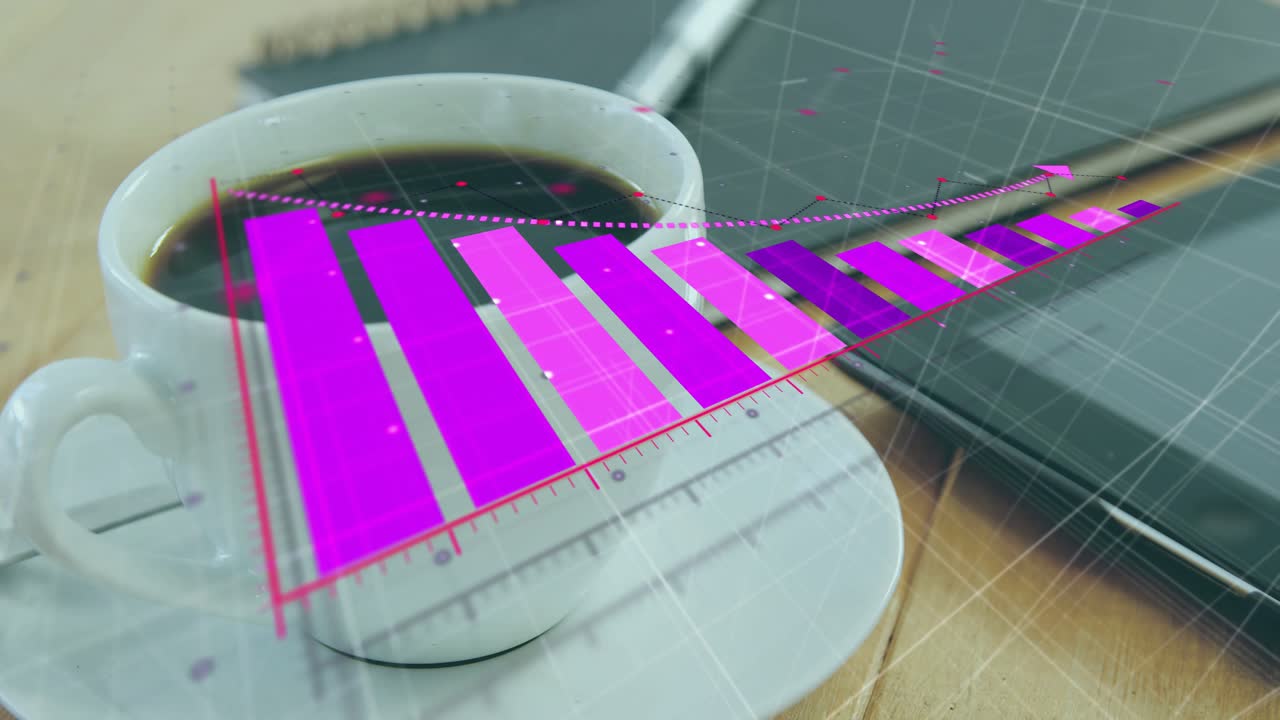 Upon opening magenta 3D chart materializing bars rising trend line drawing arrowhead showing growth