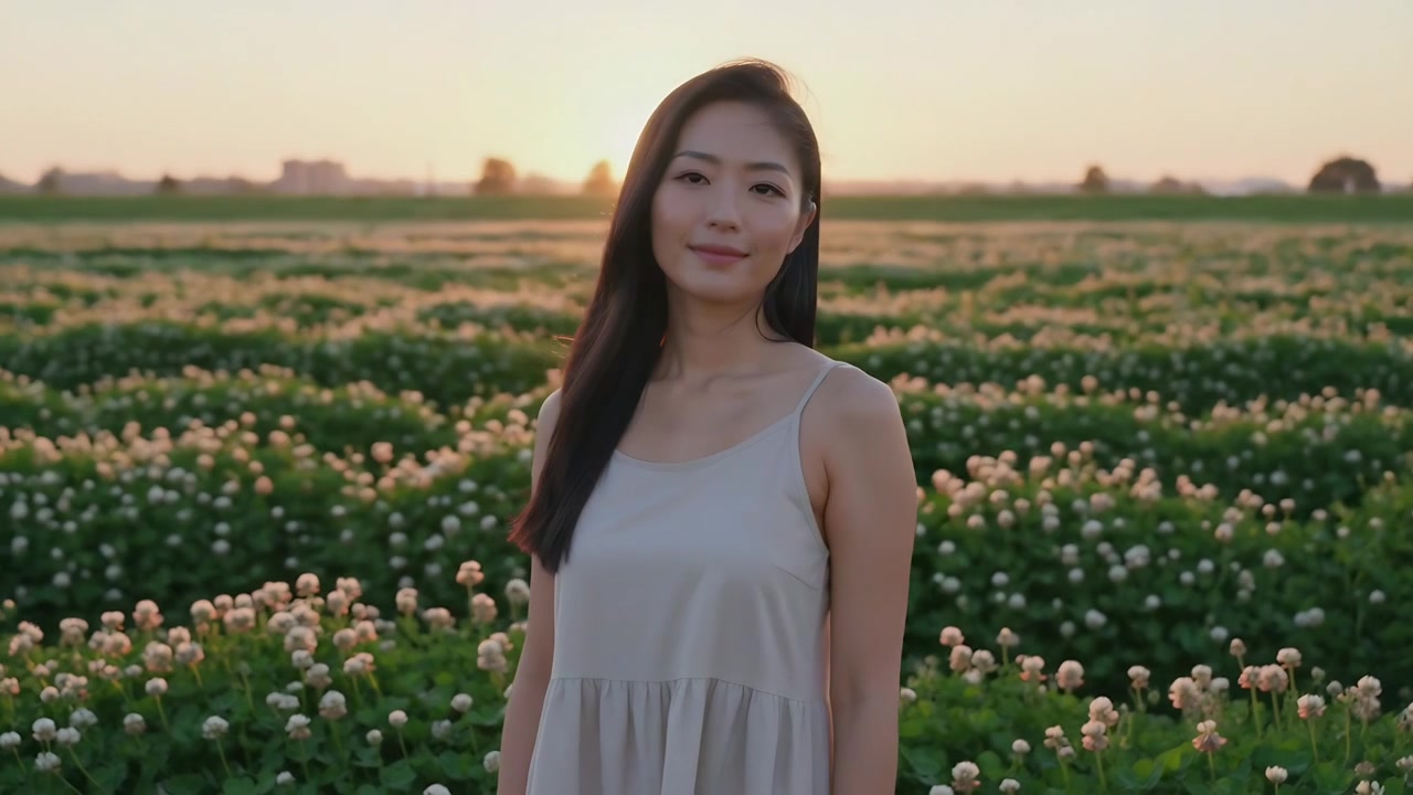 ポーズをとるアジア人女性が、クローバー畑で夕日のフレアを浴びながら首を傾げ、サンドレスを着用。