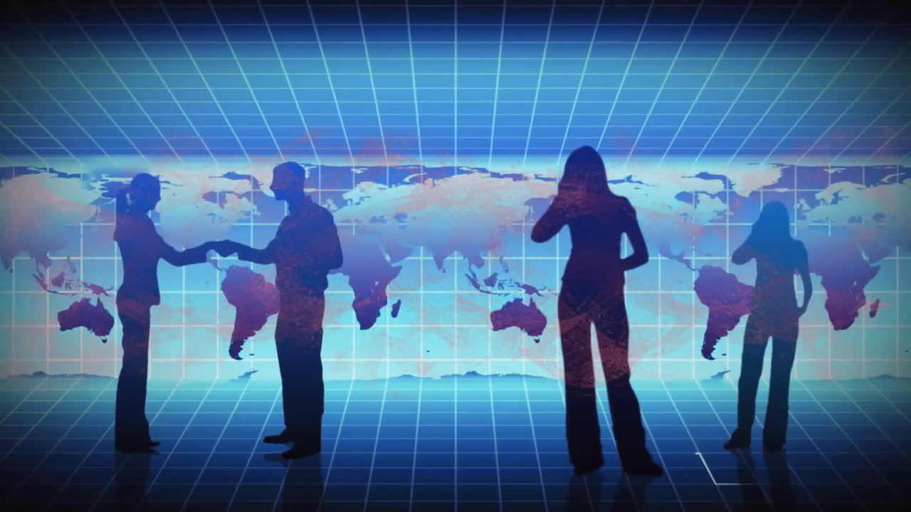 어두운 배경에 비즈니스 사람들, 세계 지도 및 데이터 처리의 애니메이션