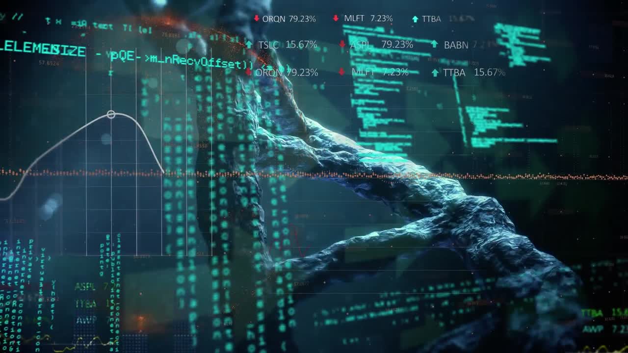 Animation of data processing and arrows over dna strand on black background