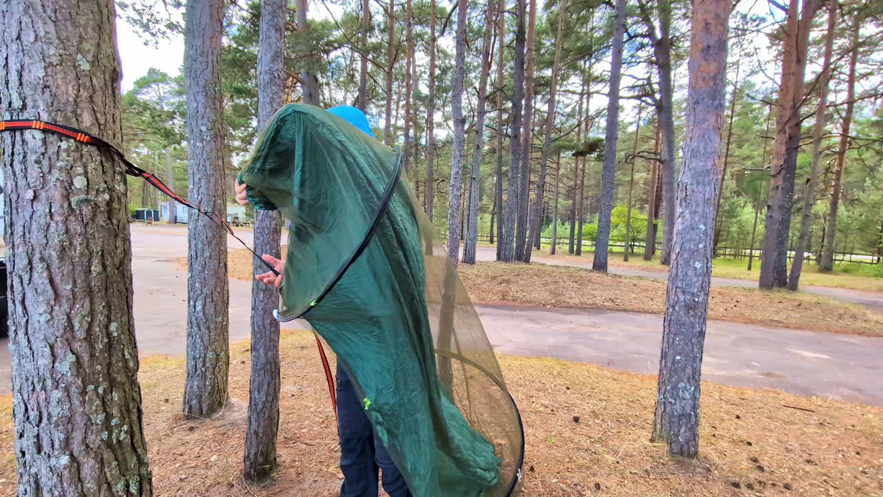 A person in outdoor gear sets up a green hammock tent between pine trees. Engure, Latvia