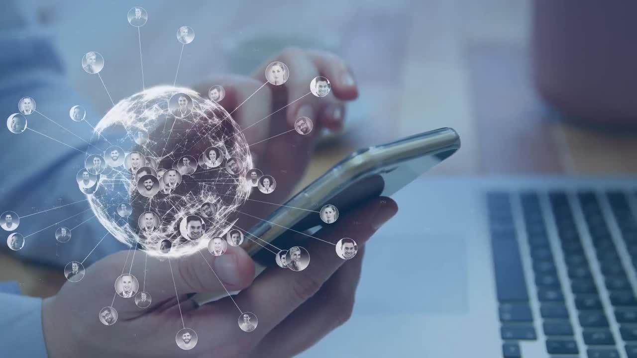 Animation of connections with globe over hands of caucasian man using smartphone