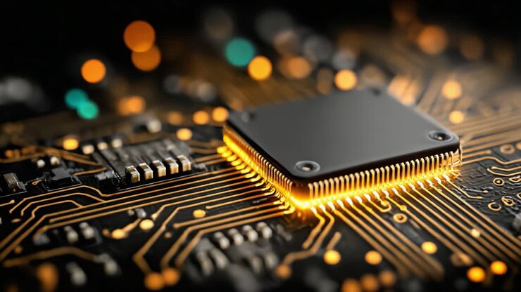 Nærstudie af en moderne mikroprocessor på et printkort, der indfanger det indviklede design og forbindelser i avanceret elektronik