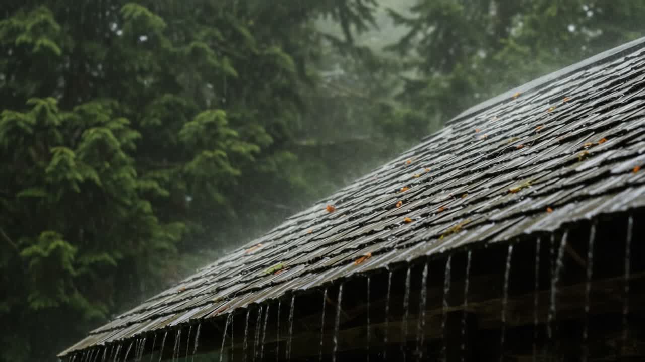 Rain falling on a wooden roof with trees in the background