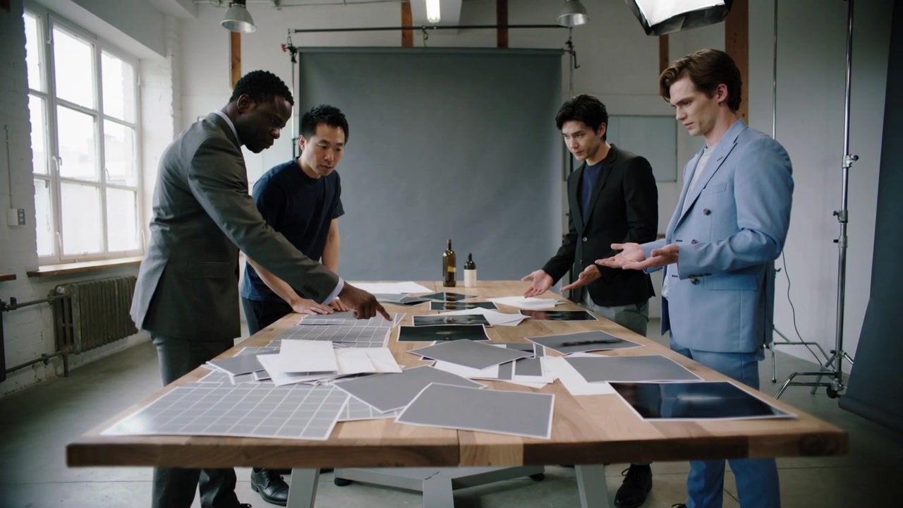 Pointing suited man guiding team over samples at studio table, selecting final swatches