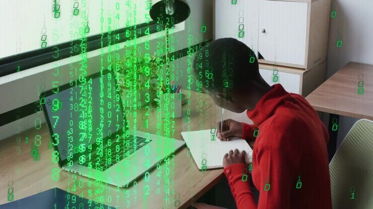 Student writing, green numbers appearing over laptop causing leaning, checking education data