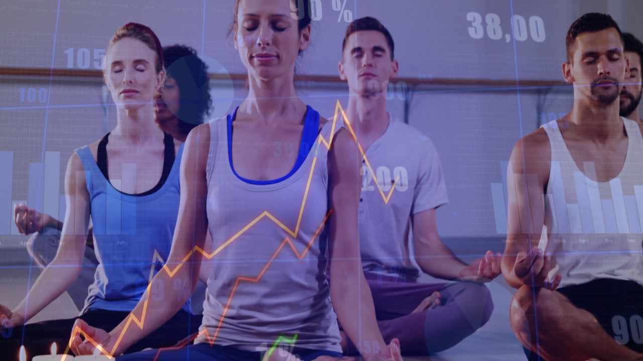 Yoga group meditating on mats in studio, displaying financial line graphs bar charts percentages