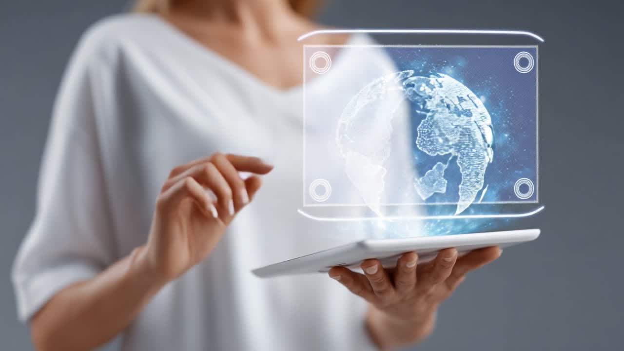 Exploring Digital Realities: A Woman Interacts with a Holographic Globe Projected from a Tablet, Blending Technology and Innovation in a Futuristic Setting