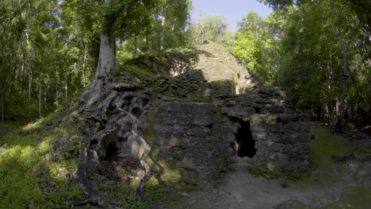 View of ancient Maya structures at La Muerta, a hidden archaeological site in the jungle of El Petén, Guatemala. The ruins are partially covered by forest, evoking mystery and lost civilization.
