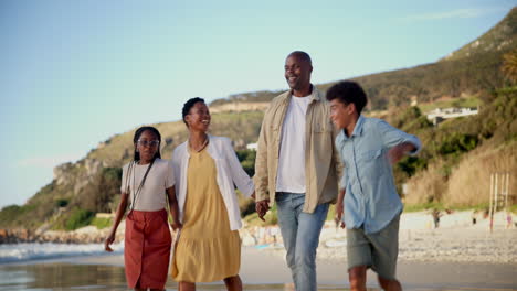 parents, beach and children running on sand