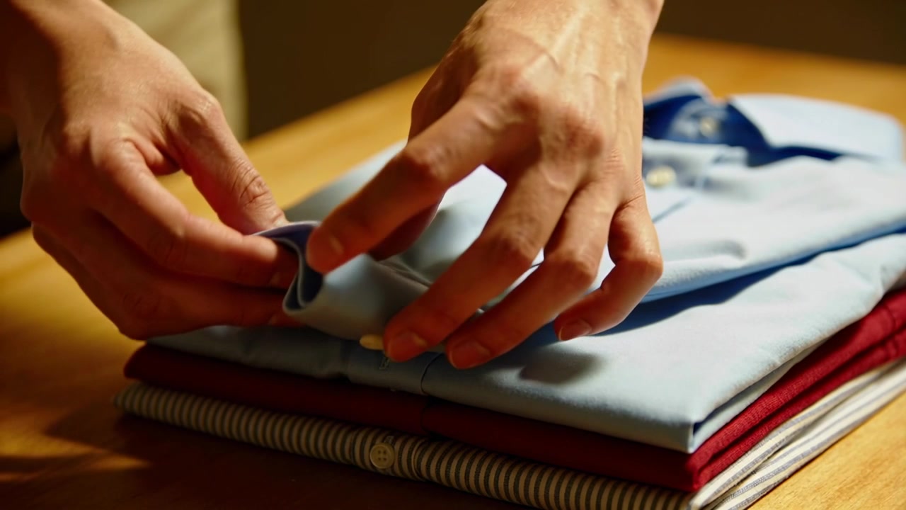 Buttoning hands aligning cuff at home pushing button through cuff tidying blue burgundy stack