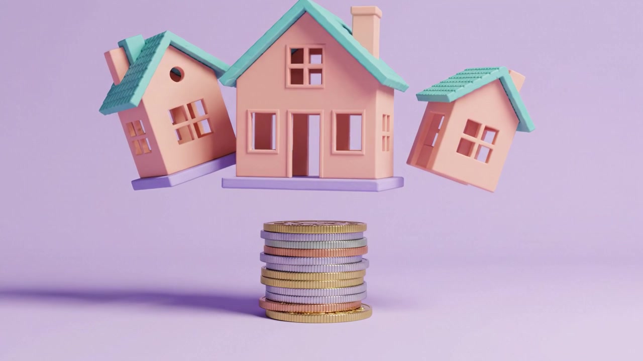 Een levendige weergave van vastgoedinvesteringen met kleurrijke minihuizen die balanceren op een stapel munten tegen een zachte paarse achtergrond.