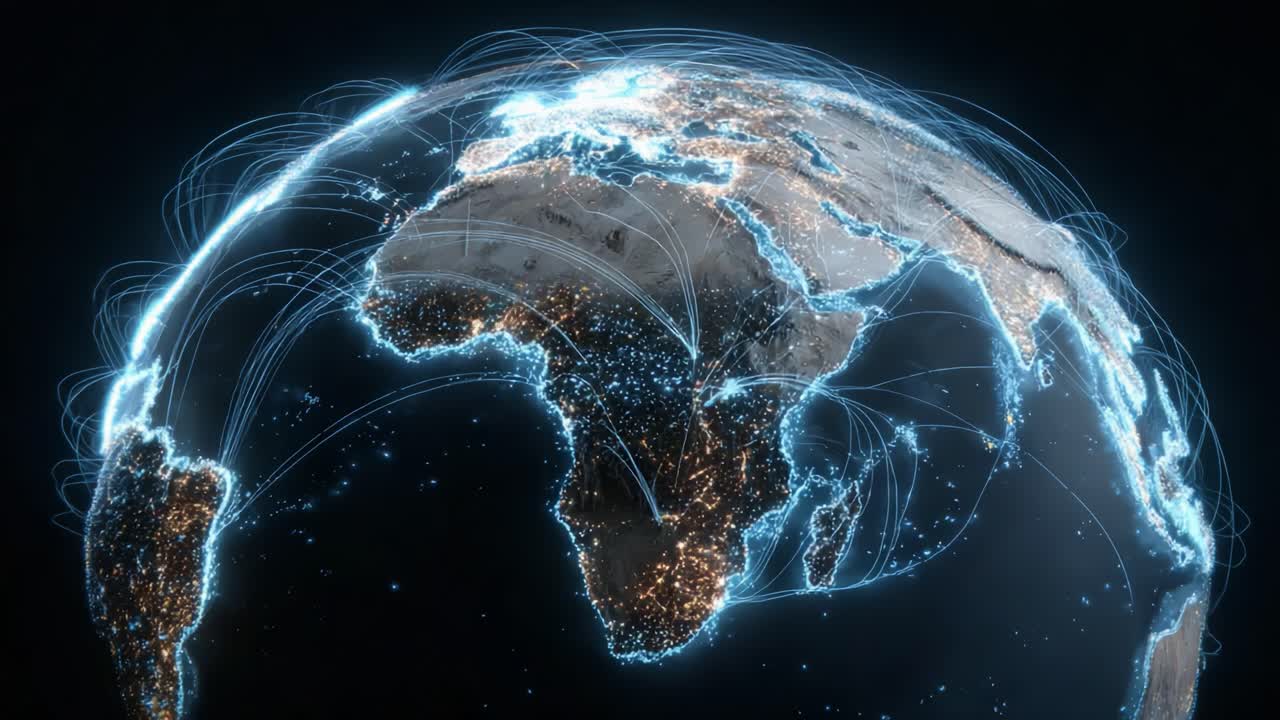 A Stunning Visualization of a Digital Globe Illuminated with Data Connections, Showcasing Global Communication Networks and Information Flow Across Continents