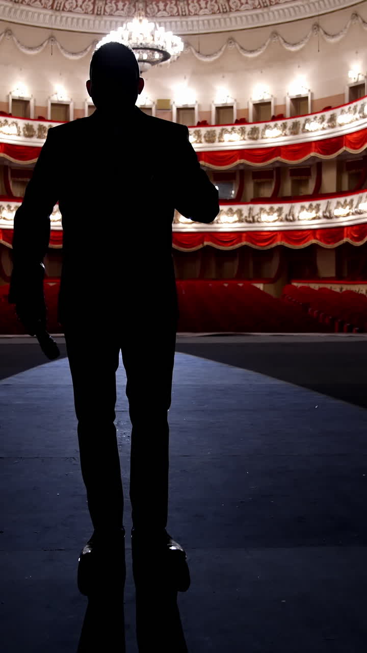Actor walks on a scene in front of empty auditorium. Financial losses of organizers in entertainment sector because of quarantine. Vertical video