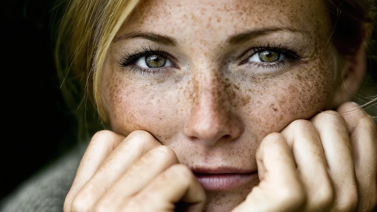 Intimate Portrait of a Young Woman with Freckles, Capturing a Moment of Reflection and Vulnerability, Showcasing Her Striking Features and Expressive Eyes