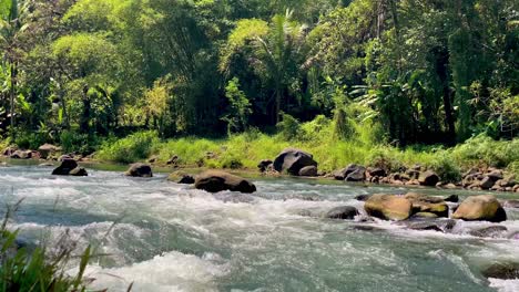 Static-shot-of-river-flowing-between-rocky-shores