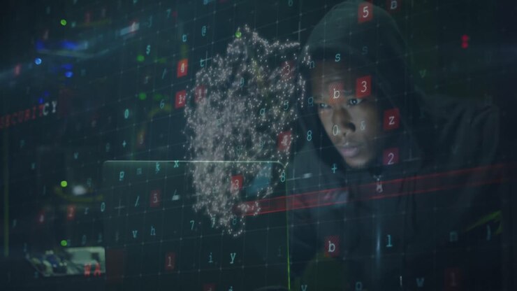 Animation of data processing and shield with padlock over african american male hacker using laptop
