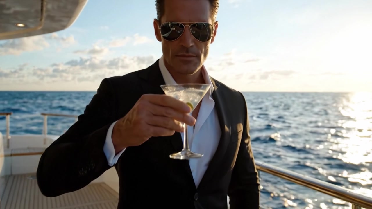Un hombre elegante con gafas de sol relajándose en un yate de lujo con un cóctel al atardecer, capturando un momento de elegancia y serenidad en mar abierto