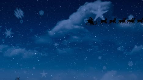 animation of santa claus in sleigh with reindeer over snow falling and sky