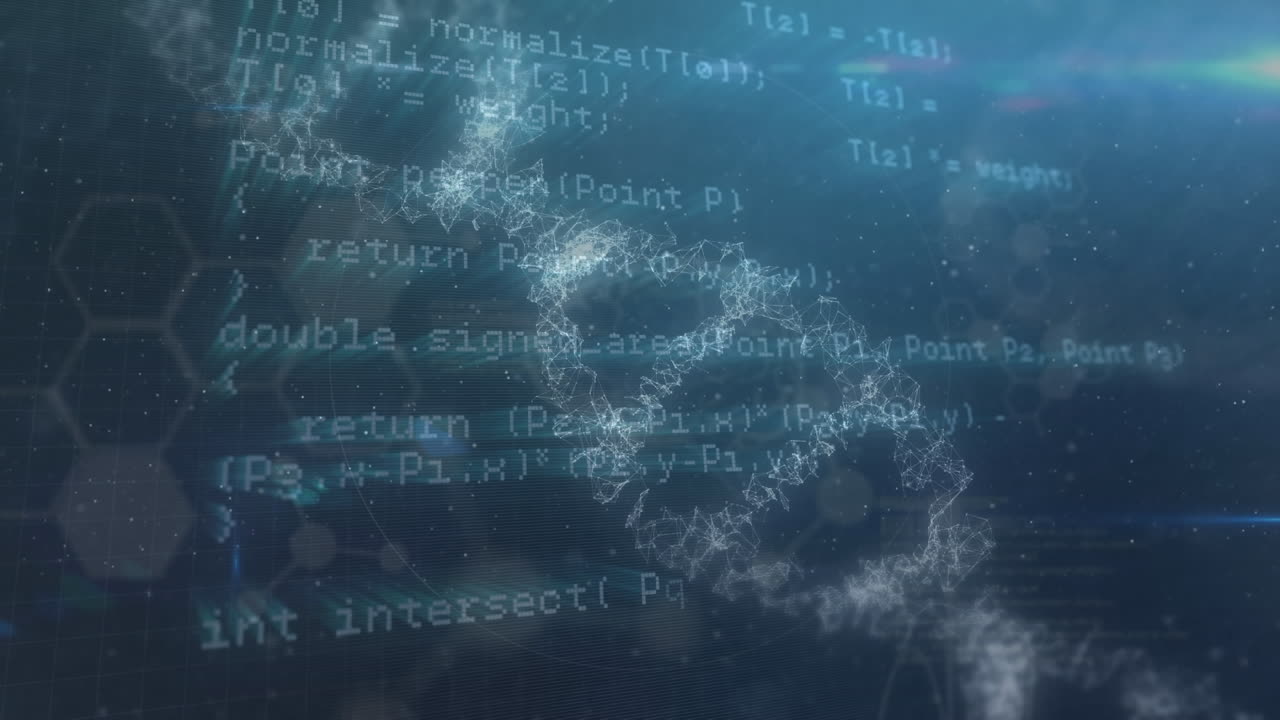 animación del procesamiento de datos sobre fórmulas químicas y cadenas de adn en espacio azul