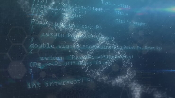 Animation of data processing over chemical formulas and dna chains in blue space