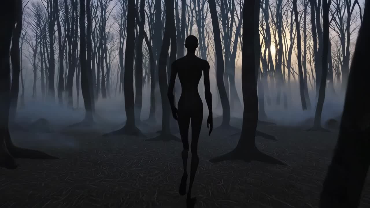 Shadowy figure traversing misty forest landscape during sunset, creating haunting atmosphere with mystical, otherworldly ambiance and spine chilling supernatural mood