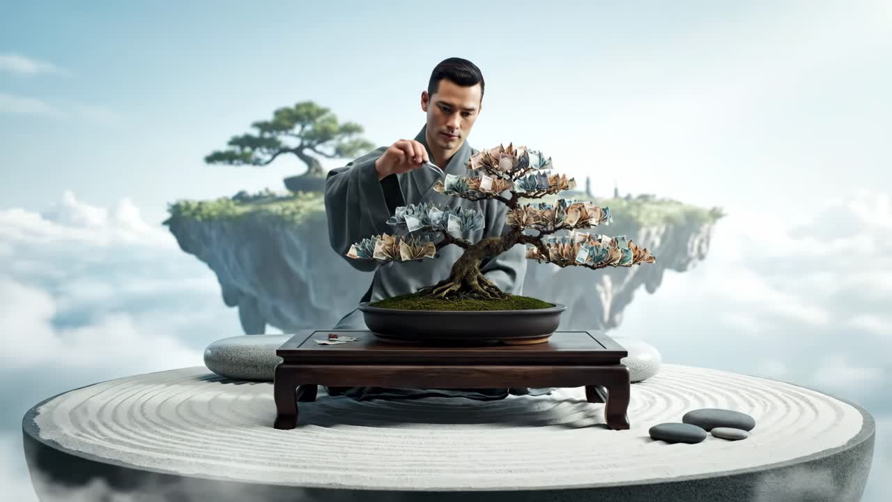 Monk Cultivating a Money Bonsai in a Zen Garden