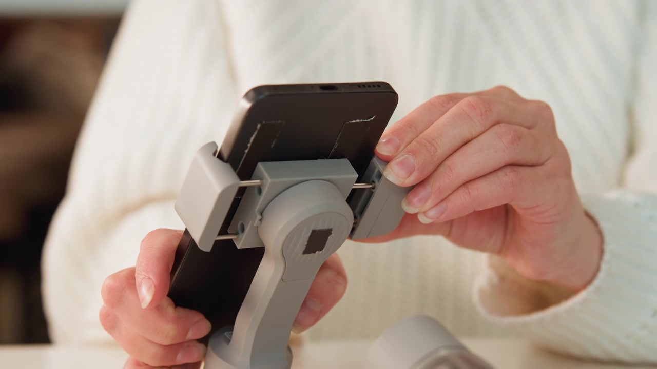 Close-up hands adjust smartphone on stand inside bright indoor workspace, with careful alignment, steady positioning, and focused everyday technology use in soft natural light with clean modern
