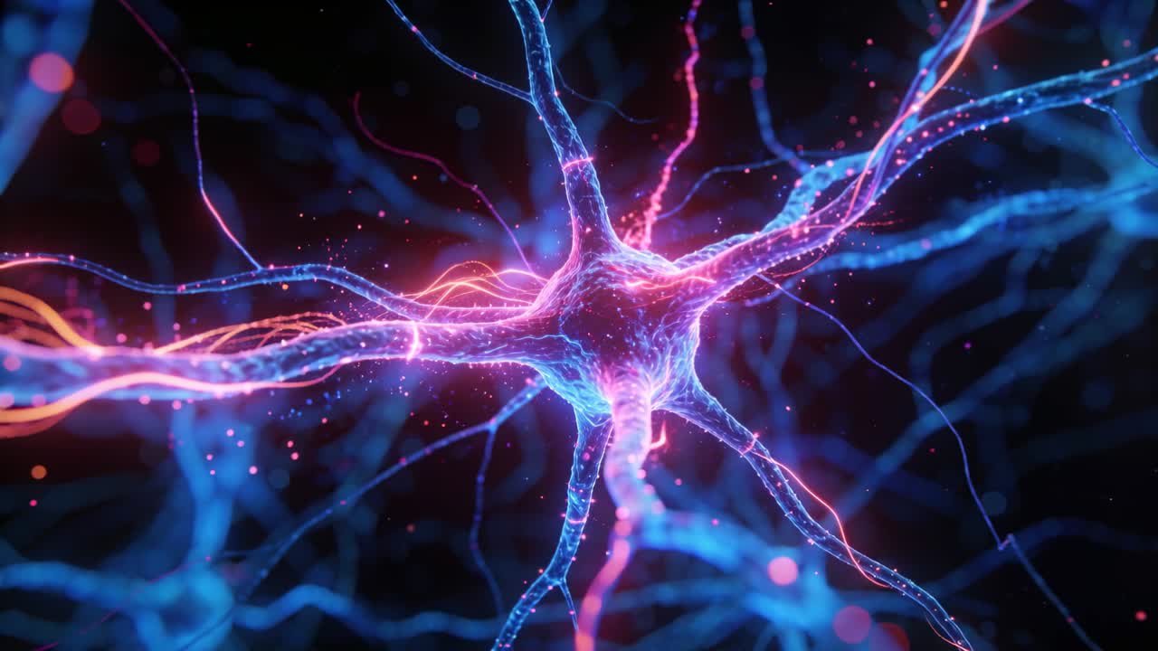 Zooming camera approaching stylized neuron soma at dark field showing filaments pulsing pink trails