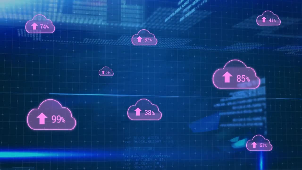 animación de iconos de nubes y procesamiento de datos sobre un fondo oscuro