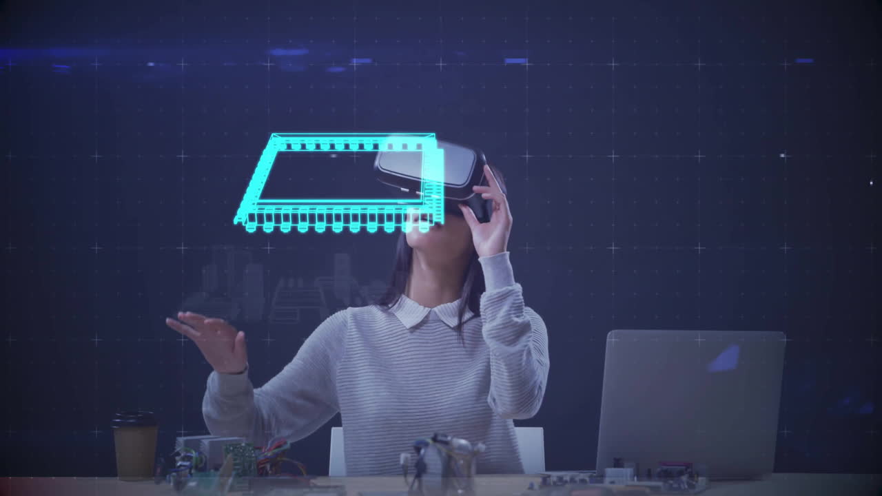 Person using virtual reality headset with digital circuit board animation overlay
