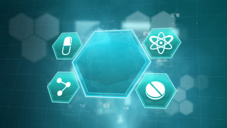 medical and scientific icons animation over hexagonal shapes on blue background