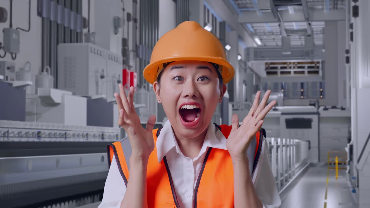 Close Up Of Asian Female Engineer With Safety Helmet Smiling To Camera And Saying Wow At Pharmaceutical Factory, Vaccine Production Facility