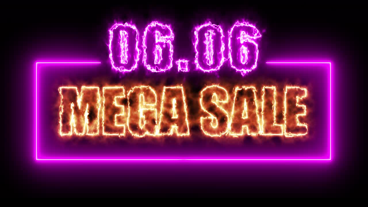 06.06 mega venta colorido cartel de neón con fondo negro para promocionar el video. concepto de promoción de la venta de la marca