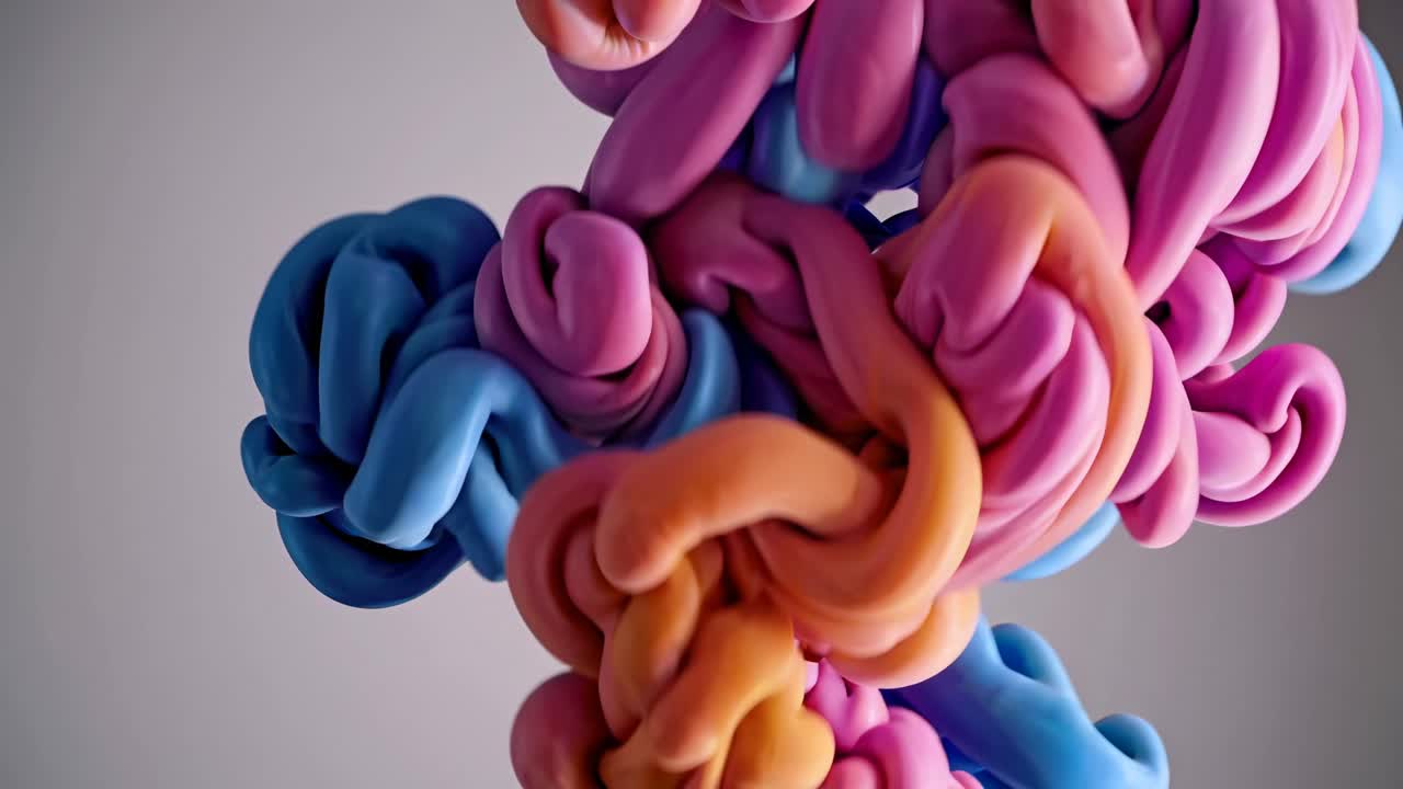 Abstract video art with colorful, twisted shapes in pink, orange, and blue
