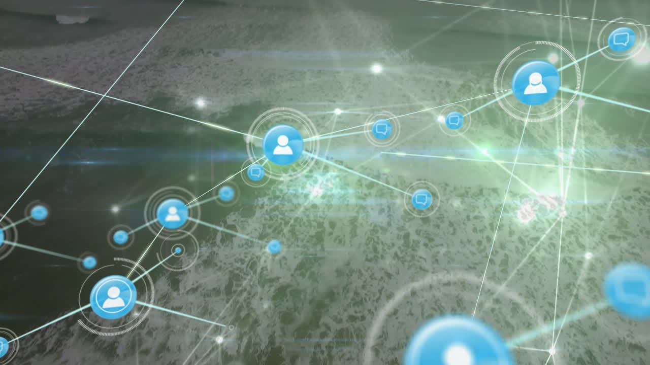 animación de la red de conexiones con las personas iconos sobre la costa