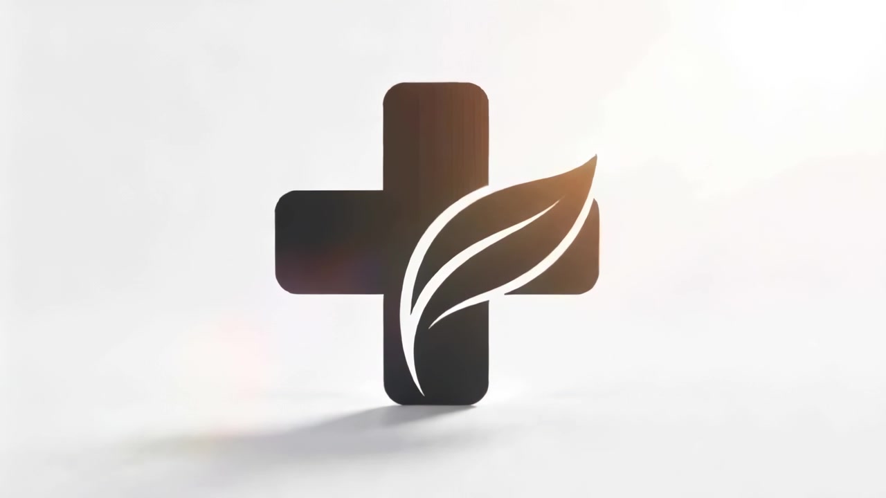 Frames starting showing styled cross growing leaf with veins, presenting logo on white backdrop