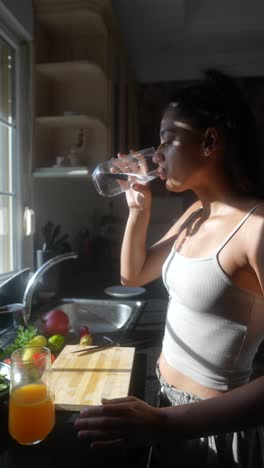 young woman enjoying a healthy drink in the kitchen