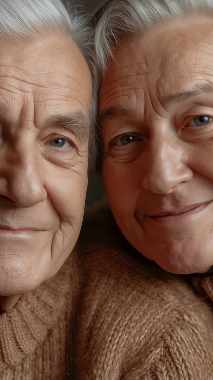 Vertical video: Smiling Senior couple sharing soft looks at home in brown sweaters showing care
