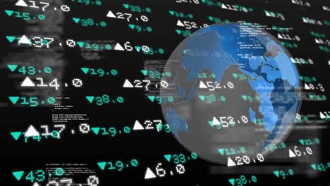 spinning globe against a board of stock exchanges