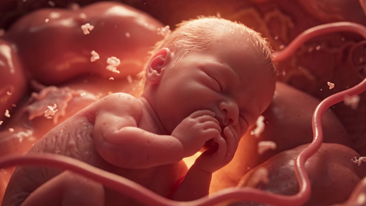 Un momento di pace di nuova vita: un neonato sereno nell'utero, circondato dal calore e dagli elementi naturali dell'ambiente materno.