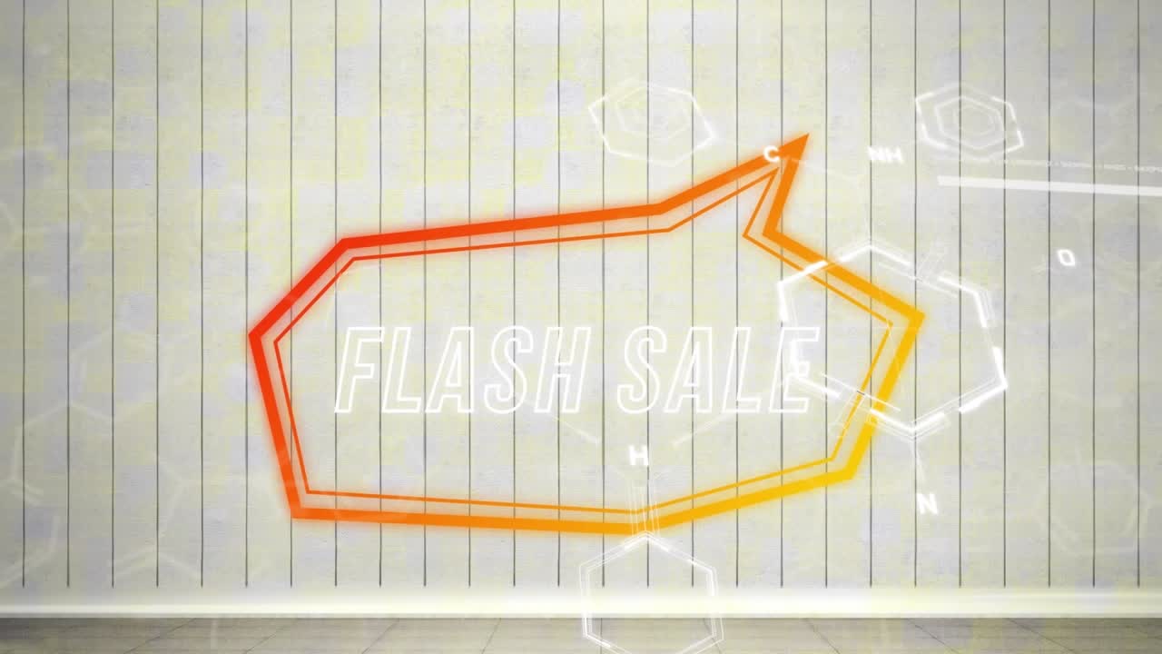 吹き出しの中の「フラッシュセール」の文字と、本の紙の上に描かれた六角形パターンのアニメーション。