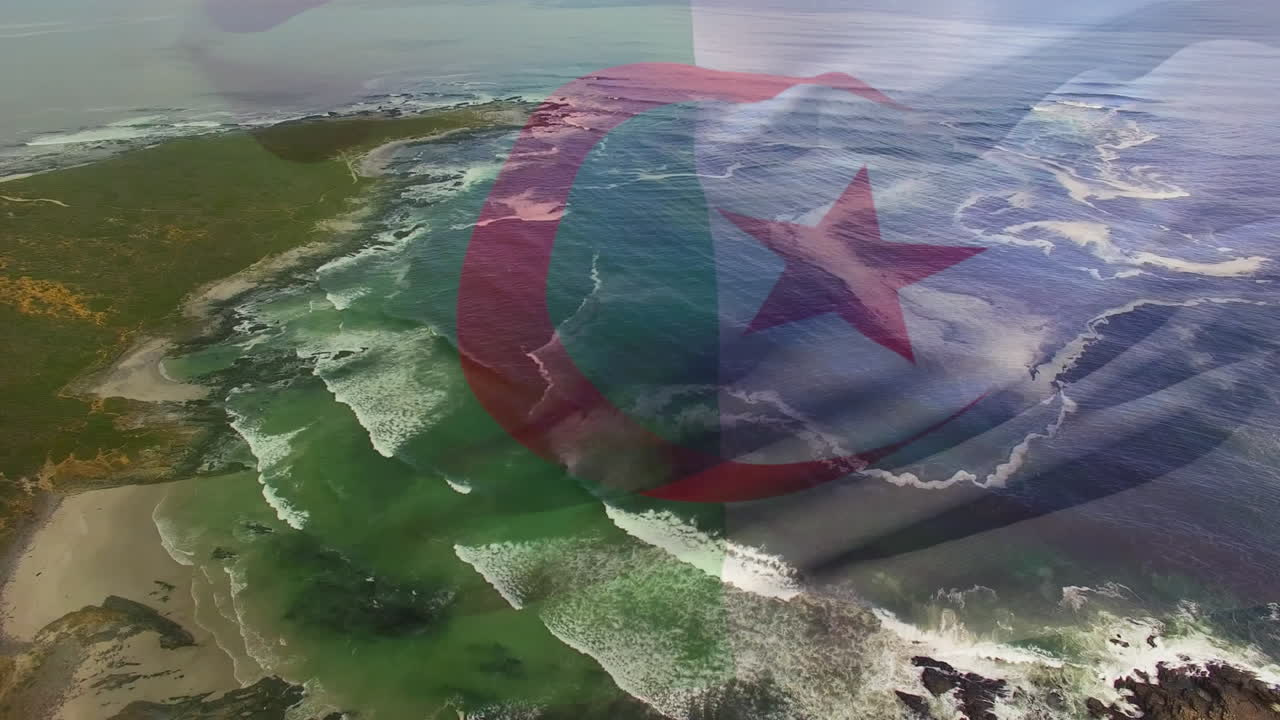 알제리의  ⁇ 발이 날아다니는 애니메이션 해변 풍경에 오케이 손