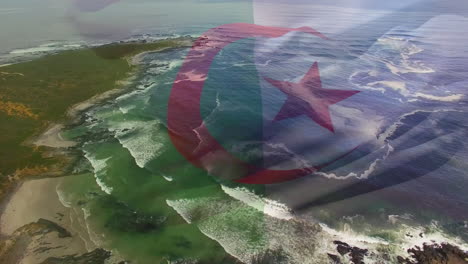 animation of flag of algeria blowing over okay hands on beach landscape