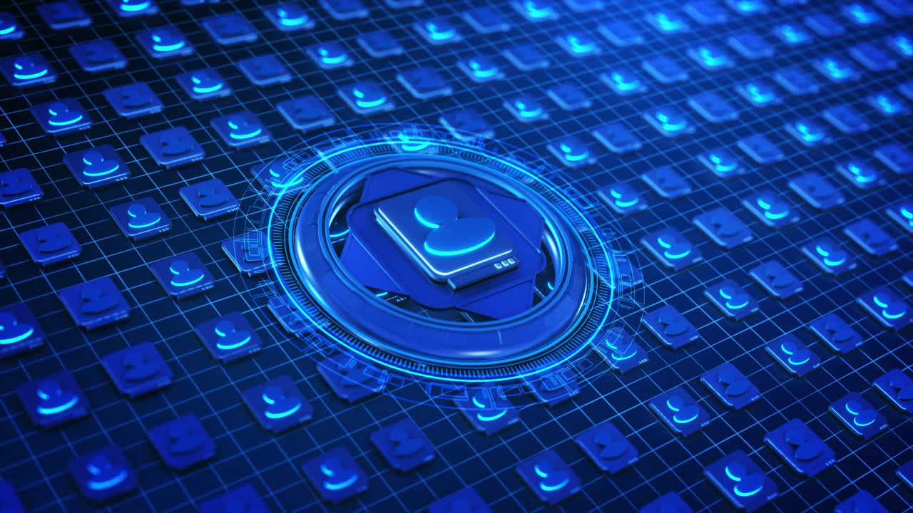 Human hand click on digital user database network identity system interface grid central database