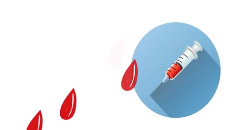 animation of blood drops and vaccine on white background