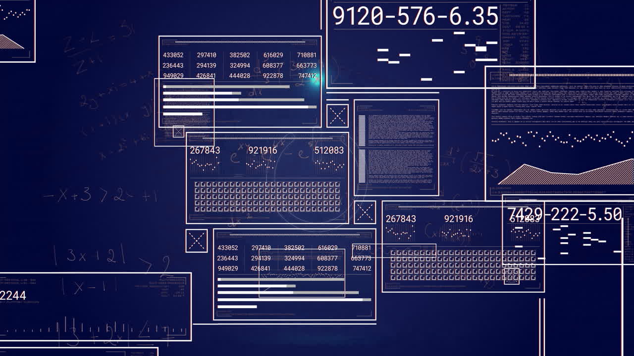 Central data panel displaying numeric tables and bar graphs floating over futuristic data dashboard