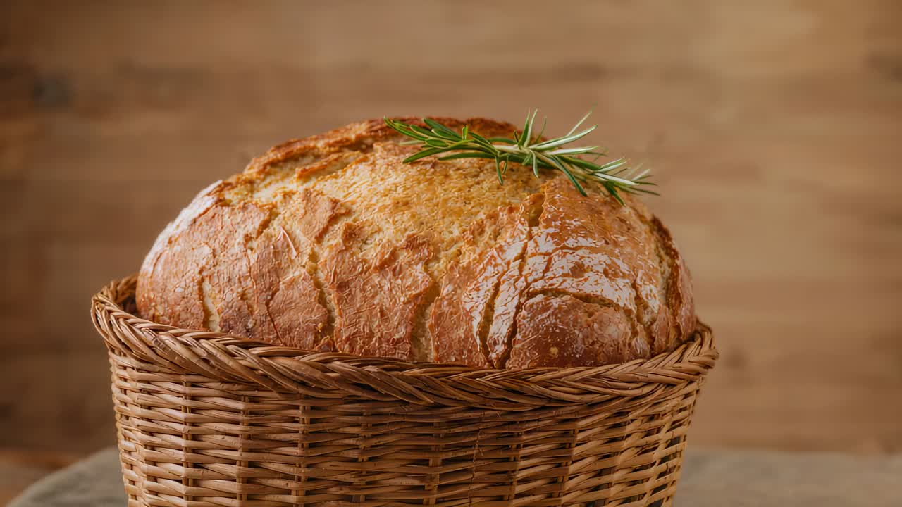 Camera pulling in, showcasing artisan loaf crust in wicker basket on rustic wood table rosemary