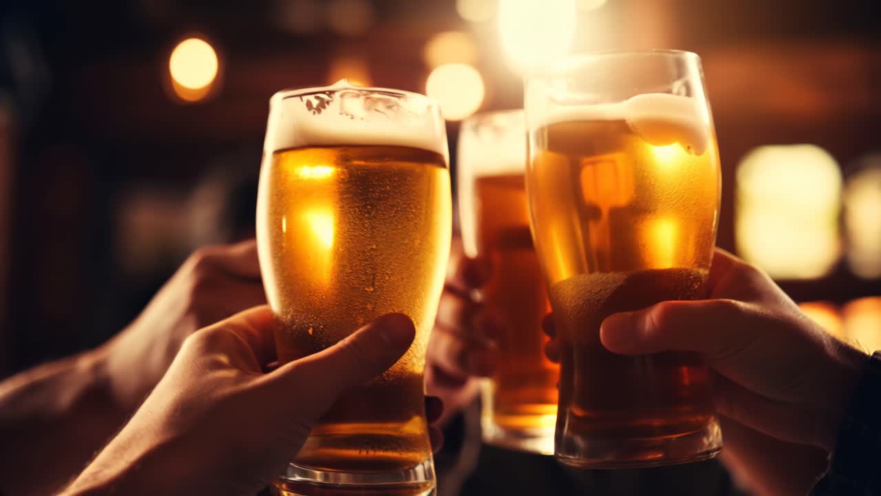 Angolazione video ravvicinata di mani che brindano con bicchieri di birra in un ambiente caldo e poco illuminato