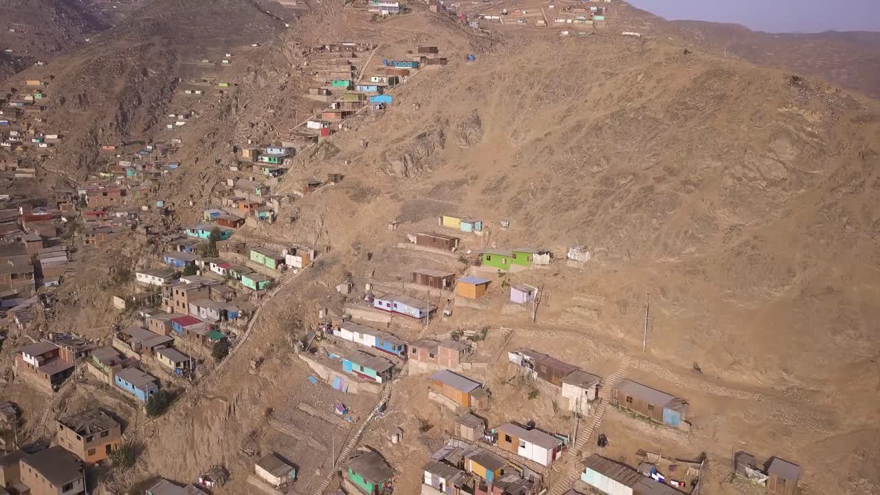 Sprawling hillside settlements with colorful homes in a dry, rugged landscape. Perfect for editorial, urban development, and environmental impact projects